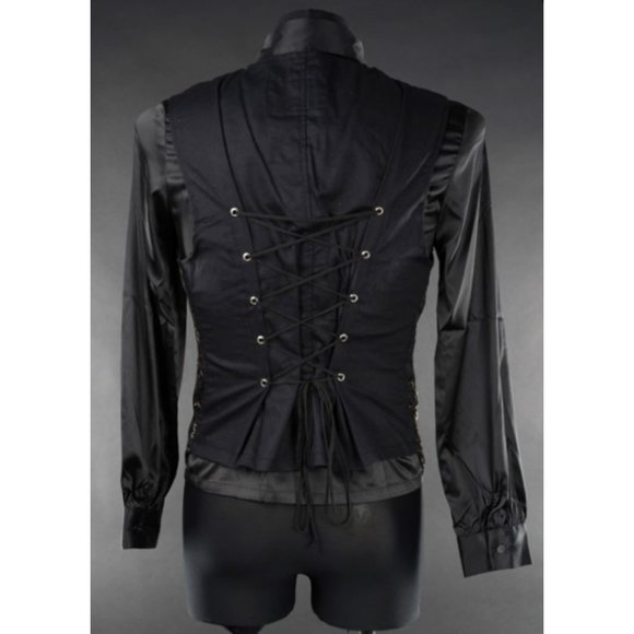 New Men's Long Pirate Gothic Black Brocade Vest With Cincher - Picture 2 of 5